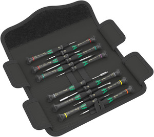 סט מברגים לאלקטרוניקה Kraftform Micro הכולל 12 חלקים בנרתיק חגורה.