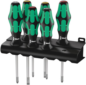 סט מברגים 335/350/355/6 מבית Wera הכולל 6 חלקים ומעמד אחסון, עם קצה Lasertip וידיות Kraftform ארגונומיות.