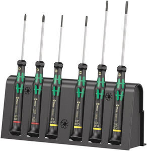 סט מברגי אלקטרוניקה 6 חלקים מסדרת Kraftform Micro עם מעמד שולחני.