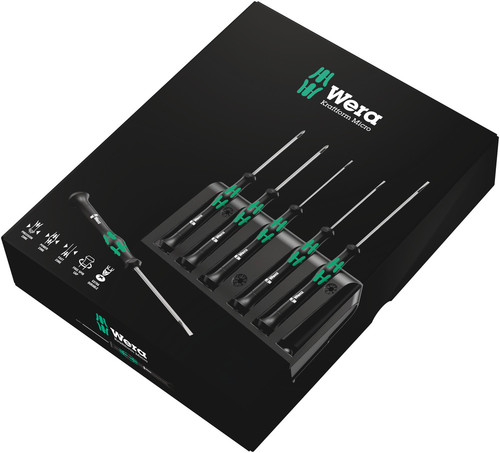 סט מברגי אלקטרוניקה 6 חלקים מסדרת Kraftform Micro עם מעמד שולחני.