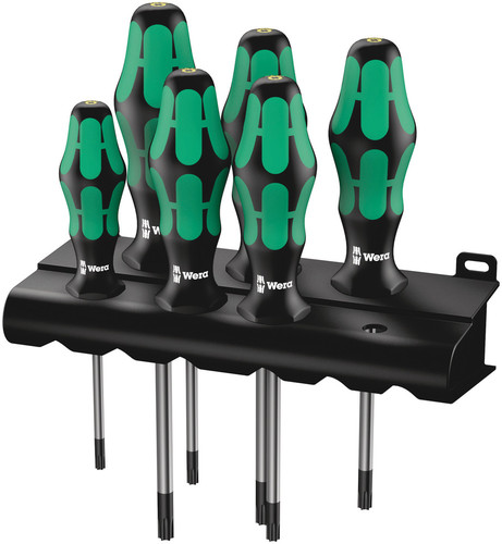 סט מברגים טורקס עם חור (TORX BO) הכולל 6 חלקים ומעמד אחסון.