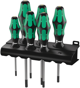 סט מברגים טורקס עם חור (TORX BO) הכולל 6 חלקים ומעמד אחסון.
