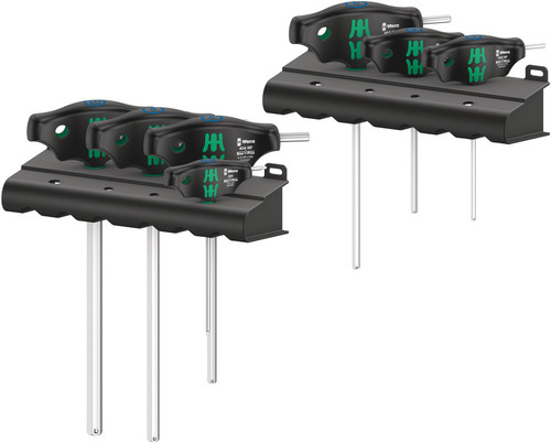 סט מברגי אלן ידית T עם 7 חלקים ופרופיל Hex-Plus, כולל מעמדי אחסון.