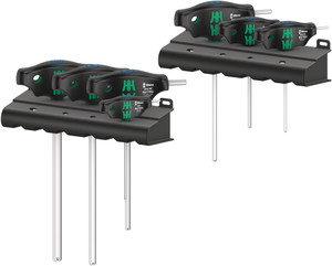סט מברגי אלן ידית T עם 7 חלקים ופרופיל Hex-Plus, כולל מעמדי אחסון.