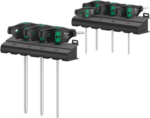 סט מברגי ידית T טורקס TORX HF הכולל 7 חלקים במעמדי אחסון.