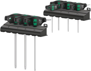 סט מברגי ידית T טורקס TORX HF הכולל 7 חלקים במעמדי אחסון.