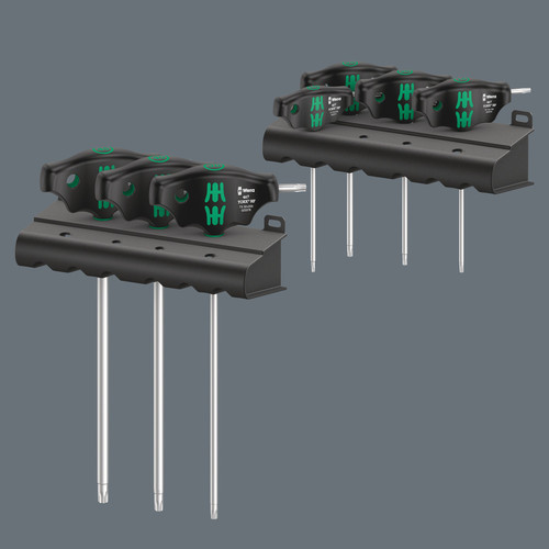 סט מברגי ידית T טורקס TORX HF הכולל 7 חלקים במעמדי אחסון.