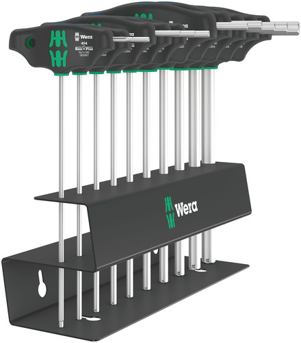 סט מברגי אלן ידית T עם פרופיל Hex-Plus ופונקציית HF במידות אינצ'יות, כולל 10 חלקים ומעמד מתכת.
