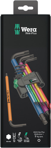 סט מפתחות אלן כדורי Hex-Plus צבעוני עם 9 חלקים במידות מילימטריות בתוך מארז נשיאה.