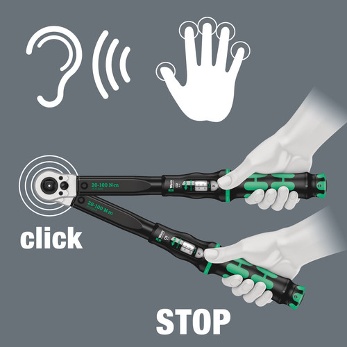 ידית מומנט ראצ'ט Click-Torque C 2 מתכווננת כיוון כפול במידה 1/2 מרובע, טווח 20-100 Nm.