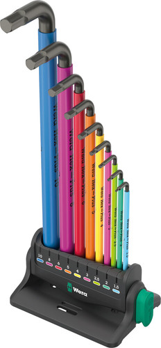 סט מפתחות אלן Hex-Plus כדורי וצבעוני עם 10 חלקים, כולל מעמד שולחני הניתן לתלייה ומגנט נשלף.