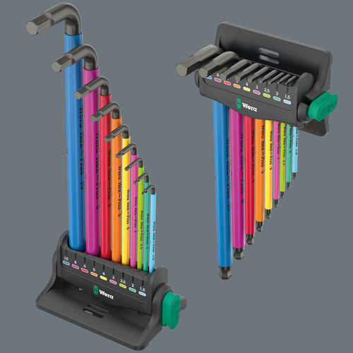 סט מפתחות אלן Hex-Plus כדורי וצבעוני עם 10 חלקים, כולל מעמד שולחני הניתן לתלייה ומגנט נשלף.