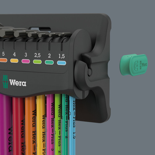 סט מפתחות אלן Hex-Plus כדורי וצבעוני עם 10 חלקים, כולל מעמד שולחני הניתן לתלייה ומגנט נשלף.