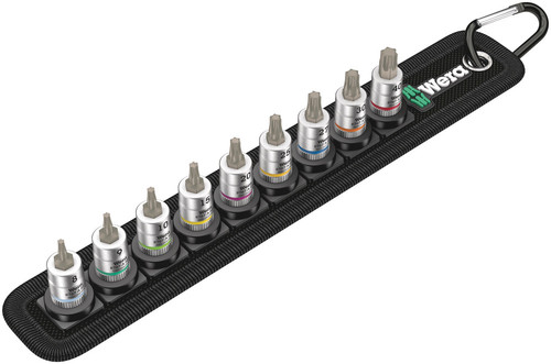 סט ביט בוקסות TORX בחיבור 1/4 הכולל 9 חלקים על גבי חגורת טקסטיל.