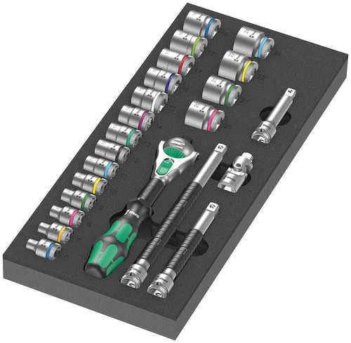 סט בוקסות וידית ראצ'ט Zyklop Speed בחיבור 3/8 במגש ספוג מוקצף דו-גווני הכולל 23 חלקים.