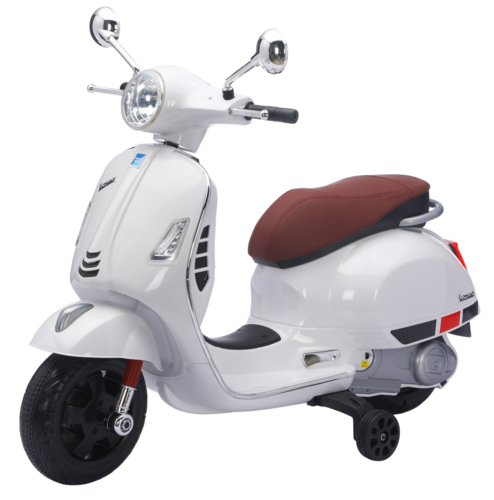 אופנוע ממונע ווספה 12V לילדים דגם רטרו וינטג עם מושב מרופד עור ואפקטים קוליים - לבן