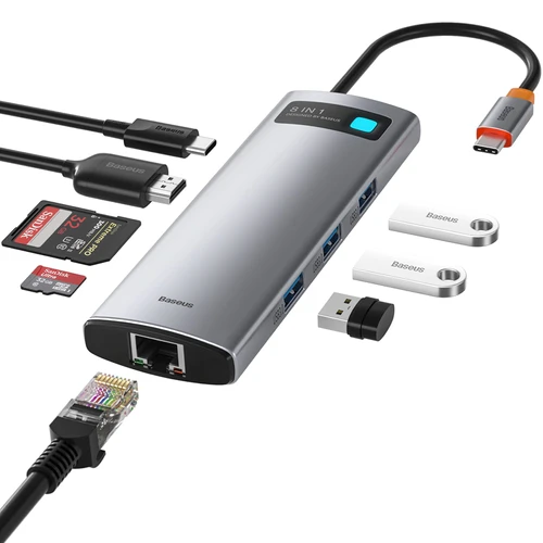 רכזת BASEUS 8IN1 HDMI RJ45 USB3 SD USB-C PD