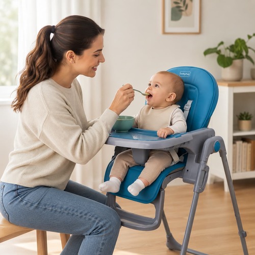 כיסא אוכל מתקפל עם ריפוד מגש מספר מצבי גובה ומצבי שכיבה - כחול