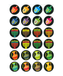 מדבקות עגולות סמלי חנוכה רקע שחור/ע.ה.