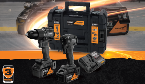 סט אימפקט בראשלס 18V + זוג סוללות 5A + מטען מהיר+מארז, DeWALT- MCLaren FORMULA 1 TEAM 