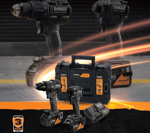 סט אימפקט בראשלס 18V + זוג סוללות 5A + מטען מהיר+מארז, DeWALT- MCLaren FORMULA 1 TEAM 