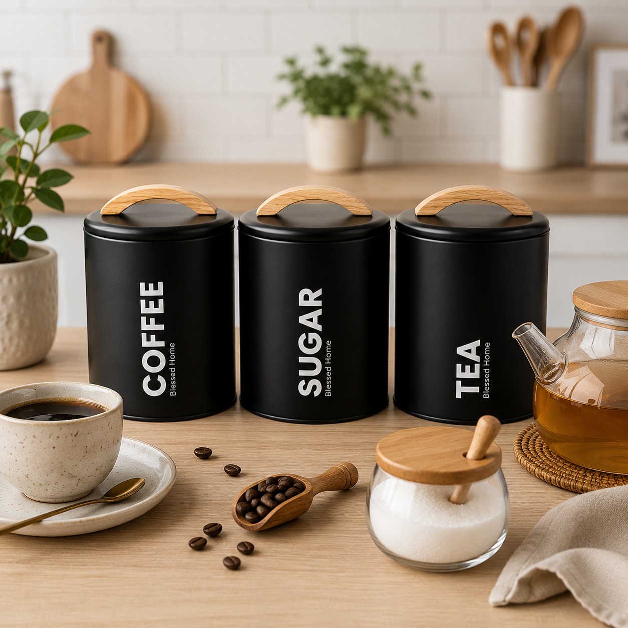 סט קופסאות אחסון למטבח צבע שחור ידיות עץ Coffee / Sugar / Tea