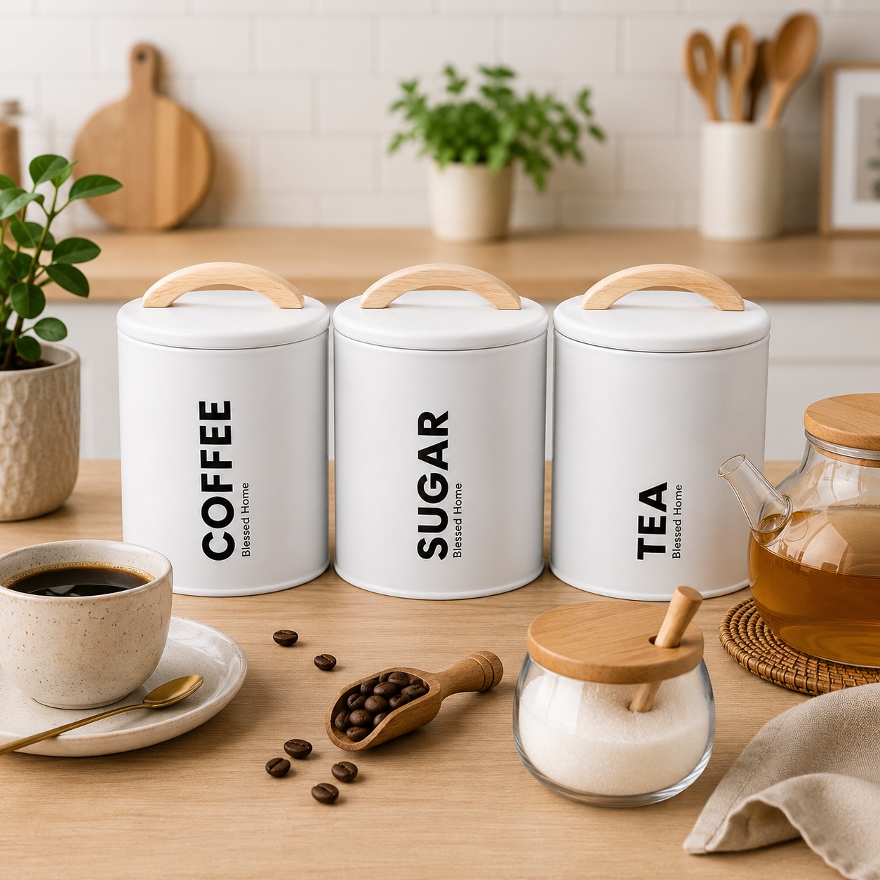 סט קופסאות אחסון למטבח צבע לבן ידיות עץ Coffee / Sugar / Tea
