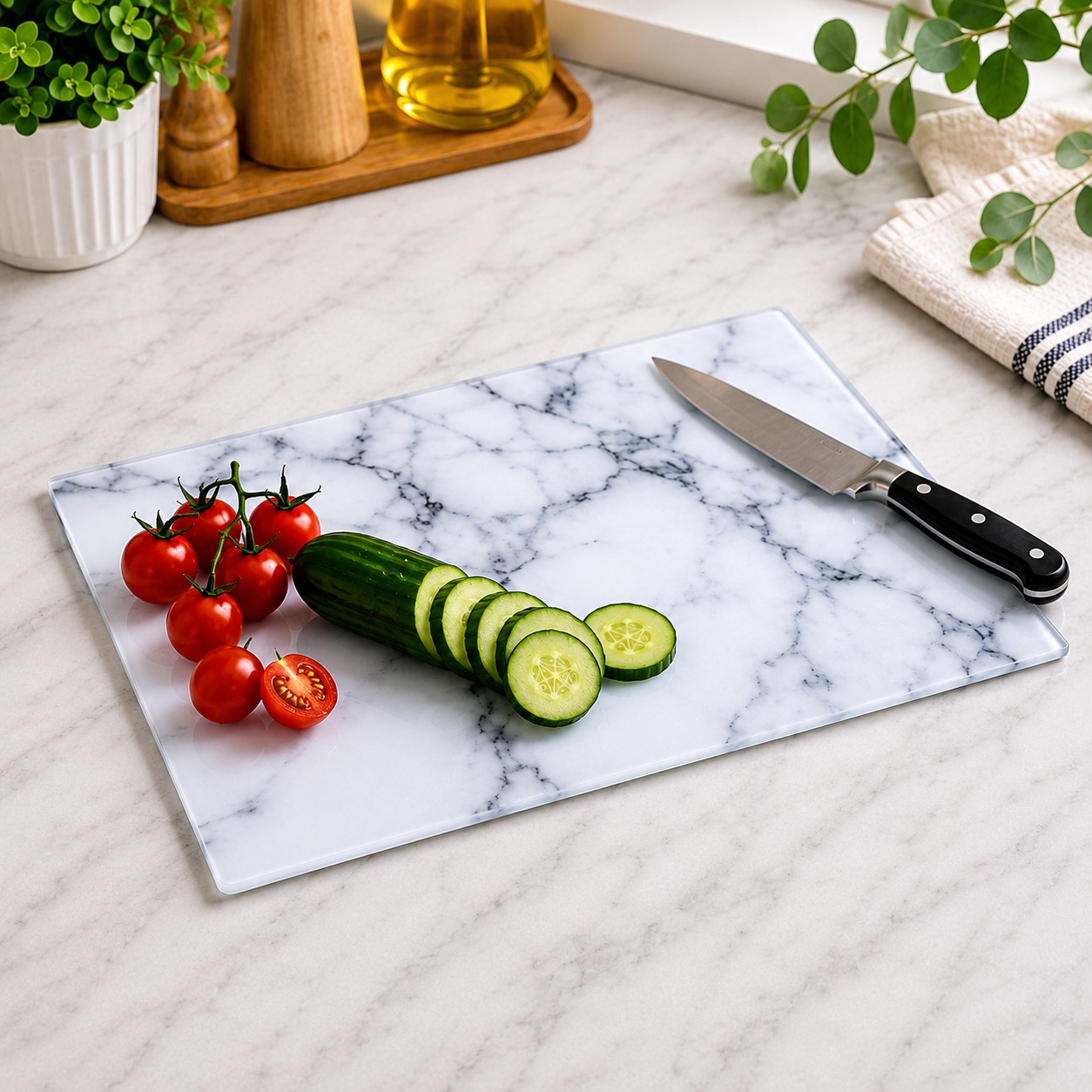 משטח חיתוך מזכוכית בעיצוב שיש צבע לבן – 30×40 ס"מ