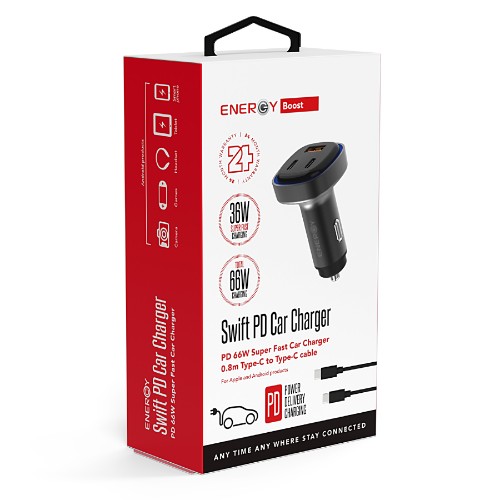   מטען רכב עם כבל | USB-C 65W + USB-A | ENERGY Swift