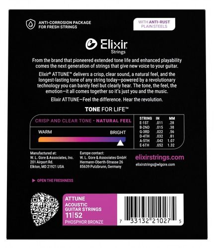 סט מיתרים לאקוסטית ELIXIR ATTUNE Phosphor Bronze 21027 11-52