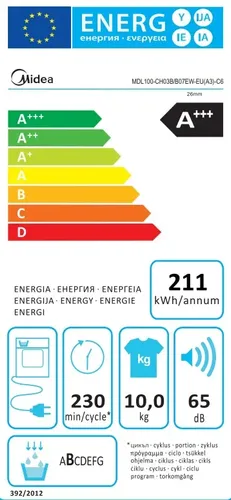 מייבש כביסה 10 ק”ג HEAT PUMP דגם MDL100-CH03B מידאה MIDEA