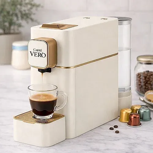 מכונת קפסולות תואמת Nespresso עיצוב קומפקטי לבן