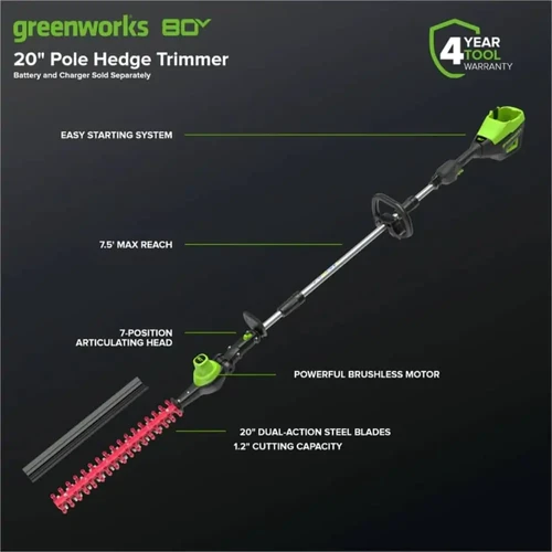 מגזמת גדר חיה טלסקופית Greenworks 80V PRO עם מנוע Brushless, ראש מתכוונן 7 מצבים ולהב כפול פעולה 51 ס