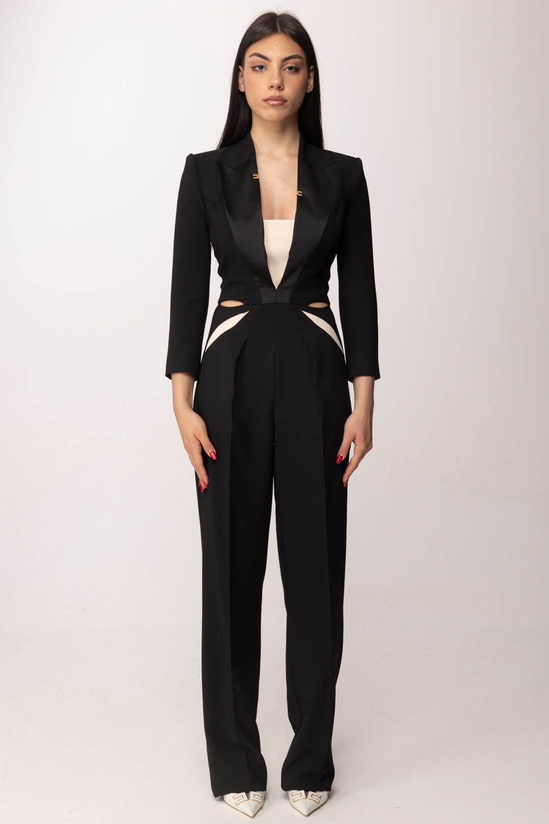 Jumpsuit in lightweight crêpe fabric with two-colour cut-outs - COLOR BLACK