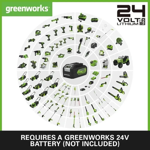 מערכת הסוללות Greenworks 24V POWERALL מאפשרת שימוש בסוללה אחת למגוון רחב של כלי גינון וכלי עבודה, לחיסכון בעלויות ולנוחות עבודה מרבית.