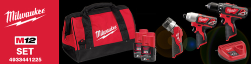 סט 12V אימפקט+מקדחה+פנס סוללות MILWAUKEE 2AH