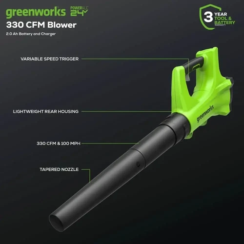 מפוח עלים נטען Greenworks 24V עם זרימת אוויר 330 CFM ומהירות עד 100 MPH, כולל הדק מהירות משתנה וזרבובית ממוקדת לניקוי יעיל של עלים ופסולת.