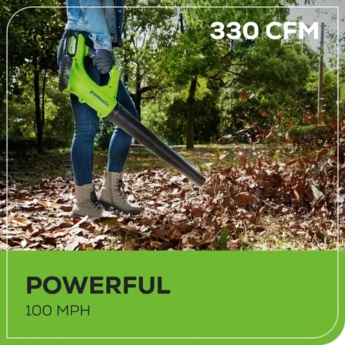 מפוח עלים נטען Greenworks 24V בפעולת ניקוי עלים יבשים בגינה, עם עוצמת נשיפה של 330 CFM ומהירות אוויר עד 100 MPH לביצועים יעילים ומהירים.