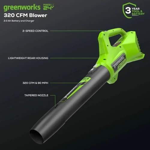 מפוח עלים נטען Greenworks 24V GEN 2 בעוצמת 320 CFM ומהירות אוויר של 90 MPH, כולל שתי מהירויות עבודה וזרבובית Concentrator לניקוי יעיל של עלים, שבילים ומרפסות.