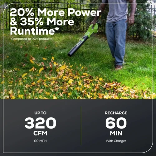 מפוח עלים נטען Greenworks 24V GEN 2 בפעולת ניקוי עלים בגינה עם ביצועי 320 CFM ומהירות אוויר 90 MPH