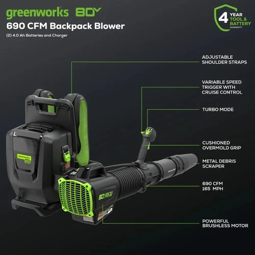 מפוח עלים גב נטען Greenworks 80V עם מנוע Brushless, בקרת שיוט, מצב טורבו ורצועות כתף מתכווננות לנוחות עבודה מקצועית לאורך זמן.
