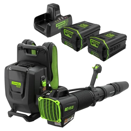 מפוח גב נטען מקצועי 80V PRO + שתי סוללות 4.0Ah + מטען מהיר כפול Dual Port דגם BLB492 גרין וורקס