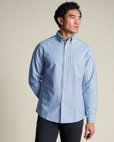 חולצה כחולה גזרת סלים פיט -Blue double stripe button-down stretch washed Oxford slim fit