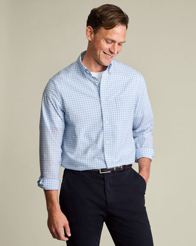 חולצה כחולה גזרת קלאסיק -  Light blue gingham button-down stretch washed poplin classic fit
