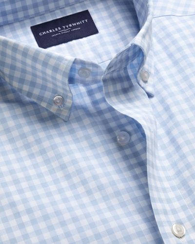 חולצה כחולה גזרת סלים -  Light blue gingham button-down stretch washed poplin slim fit