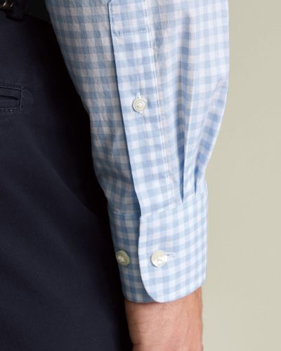 חולצה כחולה גזרת סלים -  Light blue gingham button-down stretch washed poplin slim fit