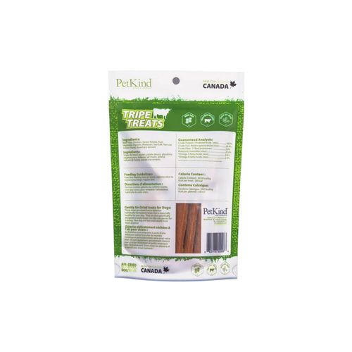 חטיף פטקיינד בקר לכלבים PetKind 882978000066 - אריזה ירוקה עם חטיפים חומים מקיבת בקר ירוקה מיובשת לאימונים ותגמול