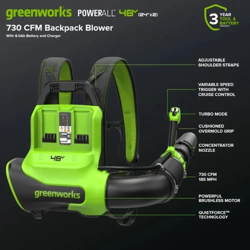מפוח גב Greenworks 48V דור 2 עם מנוע ללא פחמים, ספיקת אוויר 730 CFM, מהירות 185 MPH ומצב טורבו לניקוי מקצועי ויעיל של עלים ופסולת גינה