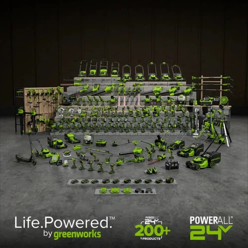 משפחת כלי Greenworks 24V כוללת מעל 200 כלים תואמים המשתמשים באותה מערכת סוללות, לחיסכון ונוחות מקסימלית בגינה ובבית
