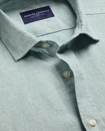 חולצת פשתן טורקיז בהיר קלאסיק פיט - Pale teal green pure linen classic fit shirt